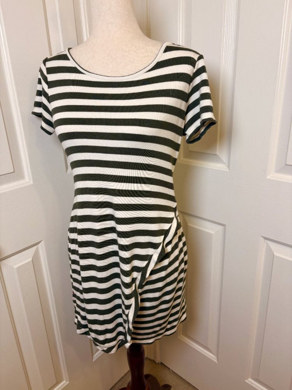 Market & Spruce Olive Green Stripe Knit Dress Casual Minimalist Petite Medium